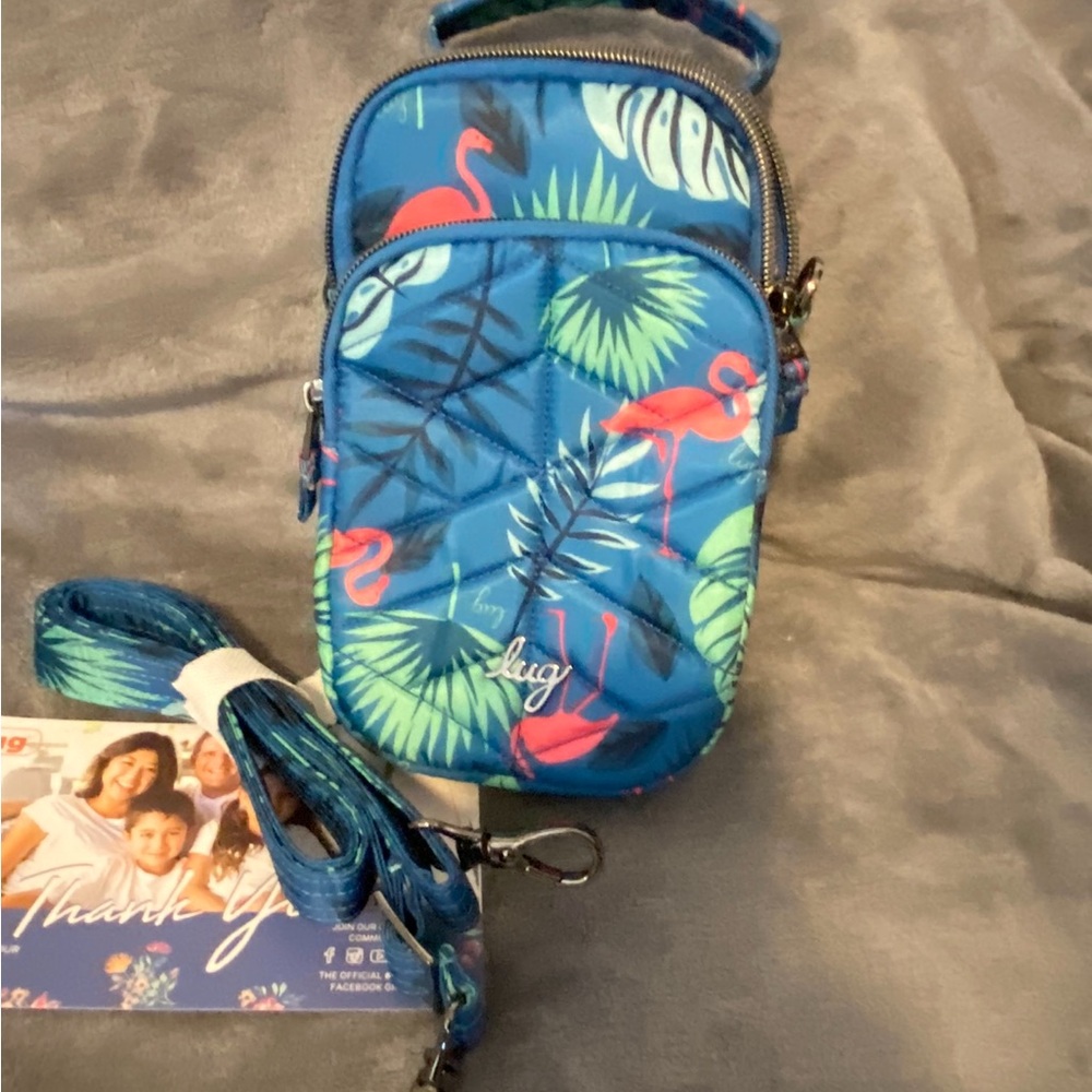 Lug Mini Skeeter Flamingo Blue Print Crossbody Phone Bag NWOT